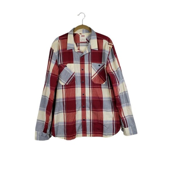 Levis Button Up Shirt Lightweight Long Sleeve Red Blue Retro Plaid Size Large - Picture 1 of 7